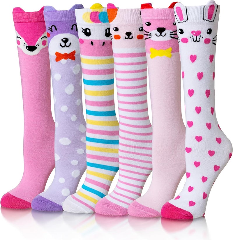 Eocom Girls Knee High Socks Kids Crazy Fun Gift Silly Tall Boot Cute Animal Cotton Long Socks 6 Pairs - Image 1